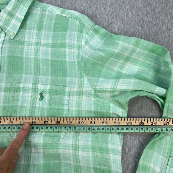 Ralph Lauren Linen Shirt Mens L Long Sleeve Button-Down Classic Fit Green Plaid - Picture 10 of 12
